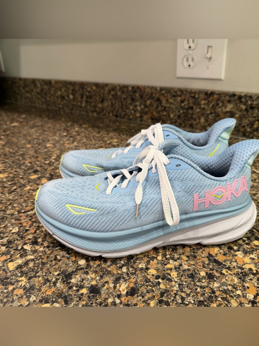 Hoka ladies  Pale Blue Sneakers with Pink Logo and Neon Accents 5.5 wide